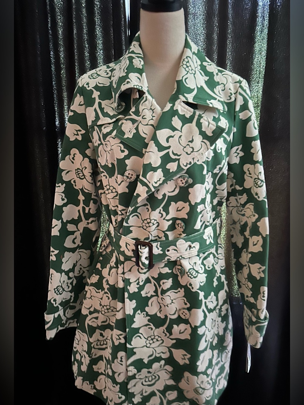 Merona Green and White Floral Trench Coat